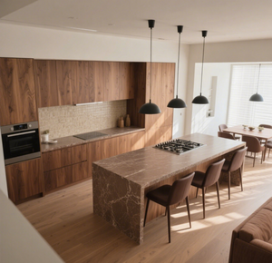 Cuisine à concept ouvert: armoires en bois <span class=keywords><strong>de</strong></span> noyer, îlot <span class=keywords><strong>de</strong></span> marbre <span class=keywords><strong>avec</strong></span> <span class=keywords><strong>plaque</strong></span> <span class=keywords><strong>de</strong></span> <span class=keywords><strong>cuisson</strong></span> intégrée, fonctionnalité culinaire moderne - Product Image 1