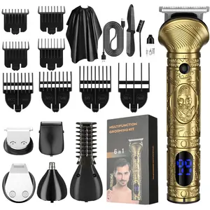 Resuxi 697 Barbeiro Profissional Conjunto completo de máquina de cortar e aparar cabelo elétrica sem fio, totalmente metálica, 6 em 1, 2 horas, USB