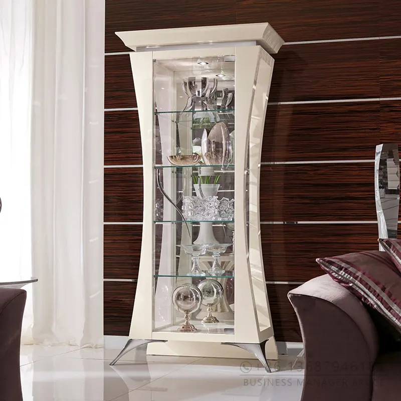 Classical european style display cabinet vintage white luxury wooden glass display cabinet