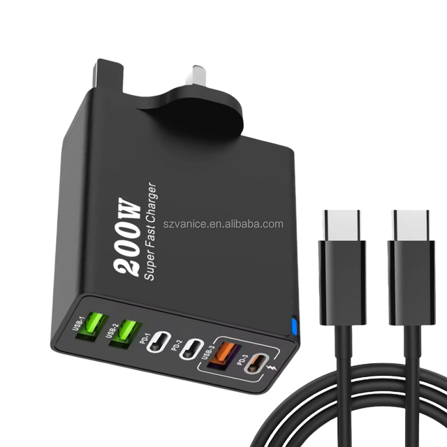 EU US UK Plug 200W 6 Port USB C Charger Super Fast Charging USB-C 200W Type C Mobile Phone Charger for Huawei/Xiaomi/Samsung