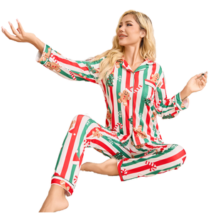 Ensemble de Pyjama de Noël en Satin à Rayures pour Femme, Vêtement de Nuit à Manches Longues et Taille Élastique, Motif à Carreaux, Cadeau des Fêtes d'Hiver, Vente en Gros OEM Disponible - Product Image 1
