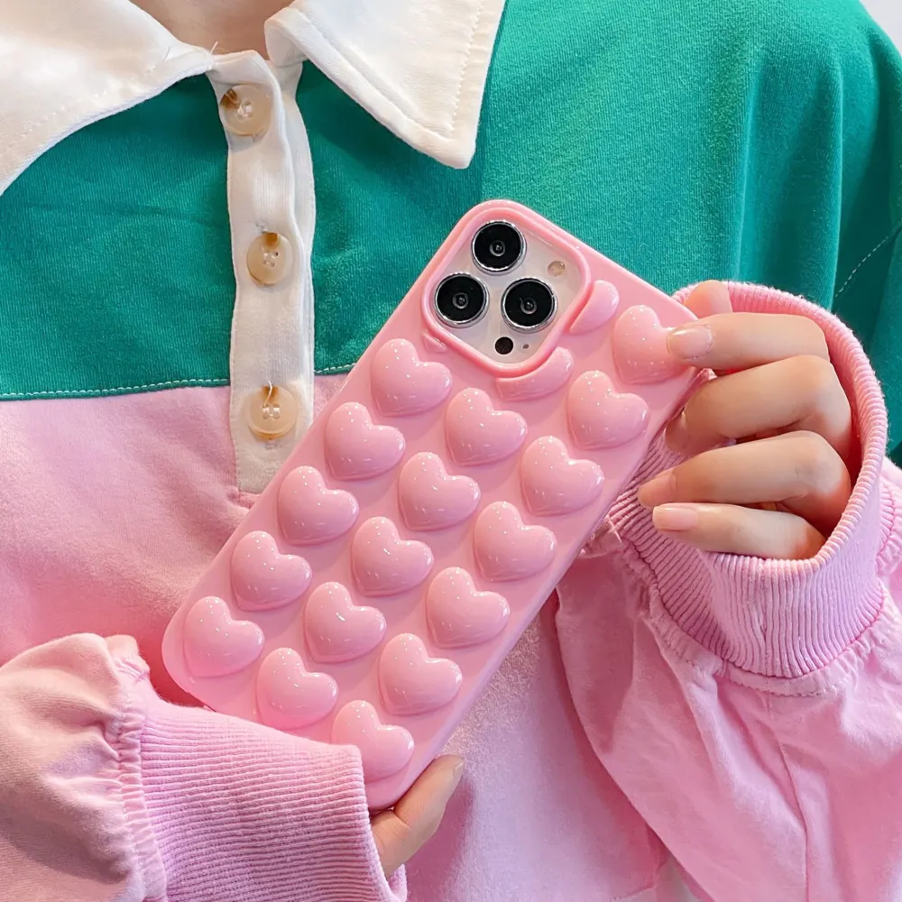Anti Scratch Kawaii Love Shaped Back Cover Cute 3D Pop Bubble Heart Mujeres Niñas Fundas de teléfono para iPhone 15 14 13 Pro Max