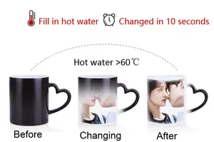 P178  11oz Heat Sensitive Color Changing Magic Black Sublimation Ceramic Coated Heart Handle Mug