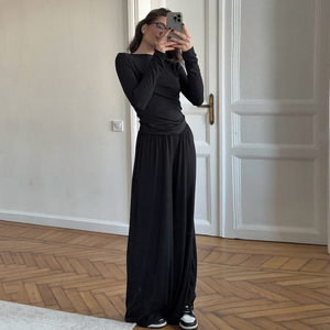 Bộ đồ mặc nhà nữ thu đông 2025 chất liệu ấm áp, màu trơn, áo thun dài tay kèm quần rộng, bán buôn - Product Image 4