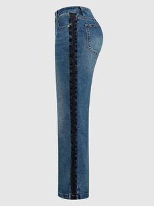 Jeans da <span class=keywords><strong>Donna</strong></span> a Vita Alta, Gamba Larga e Taglio Dritto, Lavaggio Medio con Striscia Laterale in Raso Nero, <span class=keywords><strong>Abbigliamento</strong></span> Femminile - Product Image 4