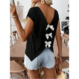 Blusa de chifón transpirable para mujer, elegante y casual, con lazo en la espalda, sin mangas, cuello en V, asimétrica, de verano - Product Image 2