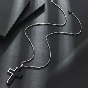 Men'S Trendy Black And White Glossy Cross Necklace With Small Men'S Long Hoodie Necklace