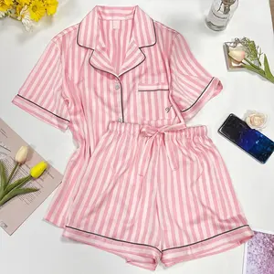 Customized High Quality Wholesale Plus Size Striped <strong>Pyjamas</strong> <strong>Ladies</strong> Women's <strong>Silk</strong> Satin Two Piece Sleepwear Pajamas Sets for Women - Product Image 1