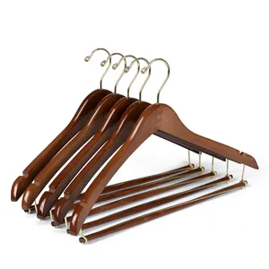 Factory Price Curved Wooden Hangers Suit Coat With Locking Bar Gold Hooks