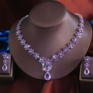 Parure de bijoux en plaqué rhodium avec zircons cubiques, motif fleur violette et goutte d'eau, collier et boucles d'oreilles pour <span class=keywords><strong>femme</strong></span>, idéale pour mariages et événements. - Product Image 5