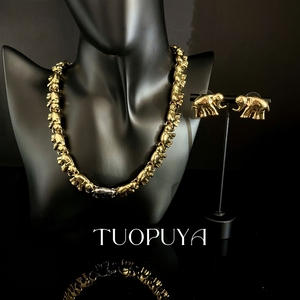 Parure de bijoux rétro européennes et américaines en forme d'éléphant, design personnalisé bicolore, collier, bracelet et boucles d'oreilles - Product Image 2
