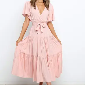 Maxi vestido de verão feminino, design personalizado babado manga curta rosa de algodão com decote em v vestido casual com cinto
