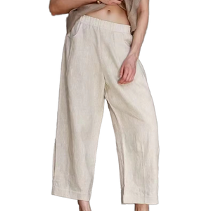 Pantalones Casuales de Otoño para Mujer, Ecológicos y Sostenibles, 100% Lino, Sólidos, Transpirables, con Cintura Elástica, Bolsillos y Pierna Recta, para Trabajo - Product Image 1