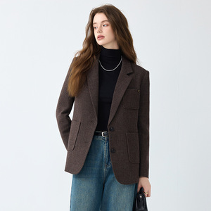 Khaki Wool Blazer Women Solid Color Mid Length With Pockets And Buttons No Wrinkle Treatment Autumn Winter Coat - Product Image 2