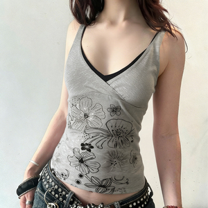 เสื้อกล้ามถักนิตติ้งระบายอากาศได้ดี สไตล์วินเทจ Y2K ลายดอกไม้ แต่งสีบล็อก ดีไซน์เลเยอร์แบบซ้อนกัน - Product Image 3