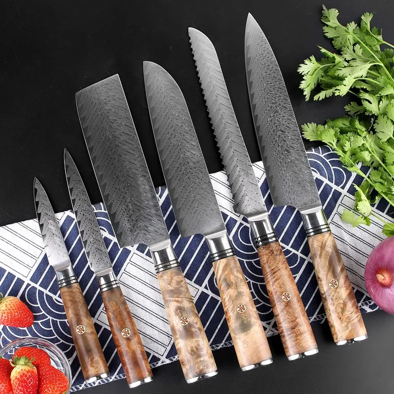 Ensemble de couteaux de cuisine en acier inoxydable, ensemble de couteaux de cuisine damas avec manche en bois 6 pièces