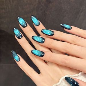 Faux <span class=keywords><strong>ongles</strong></span> à presser effet ciel étoilé bleu dégradé, bleu noir, paillettes <span class=keywords><strong>blanches</strong></span>, motif ciel étoilé, pour les <span class=keywords><strong>mains</strong></span>, effet rêve - Product Image 4
