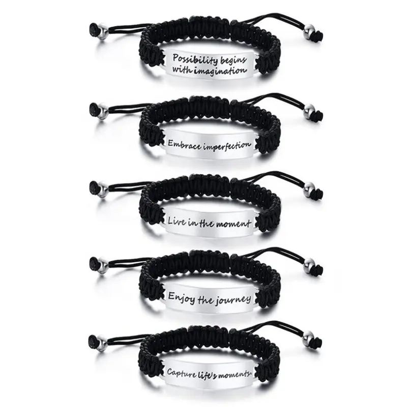 Fashion cheap black macrame braided bracelet with 316l stainless steel custom name plate jewels