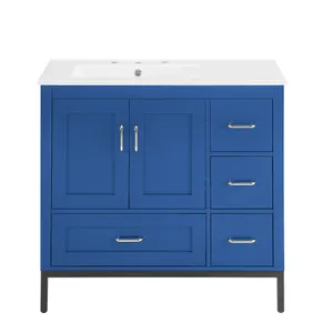 24英寸克莱因蓝色地板浴室橱柜单水槽胶合板浴室梳妆台