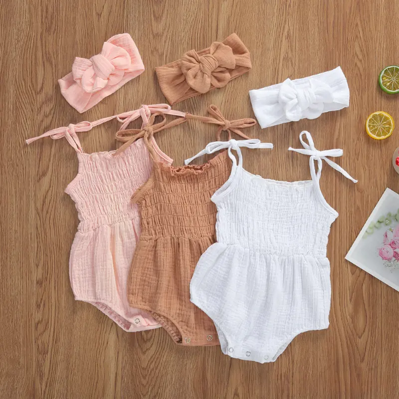 2023 infant wholesale summer clothes Baby girl sling solid color romper bow set newborn jumpsuit