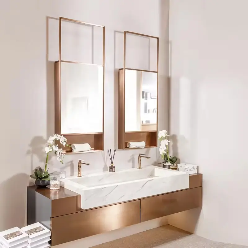 Armário de banheiro luxuoso em aço inoxidável dourado para hotel, pia dupla, armários de banheiro com dois espelhos
