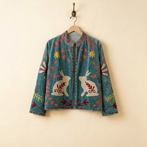 Anayra Craft Vintage Light Blue <b>Velvet</b> Suzani Floral Embroidered Blouson <b>Jacket</b> Rabbit Pattern Boho Full Sleeve Stand <b>Women</b> - Product Image 1