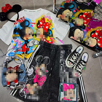 Ensemble décontracté pour filles, t-shirt surdimensionné rose vif à imprimé cartoon et short à cordon de serrage, 100% coton, style hip hop