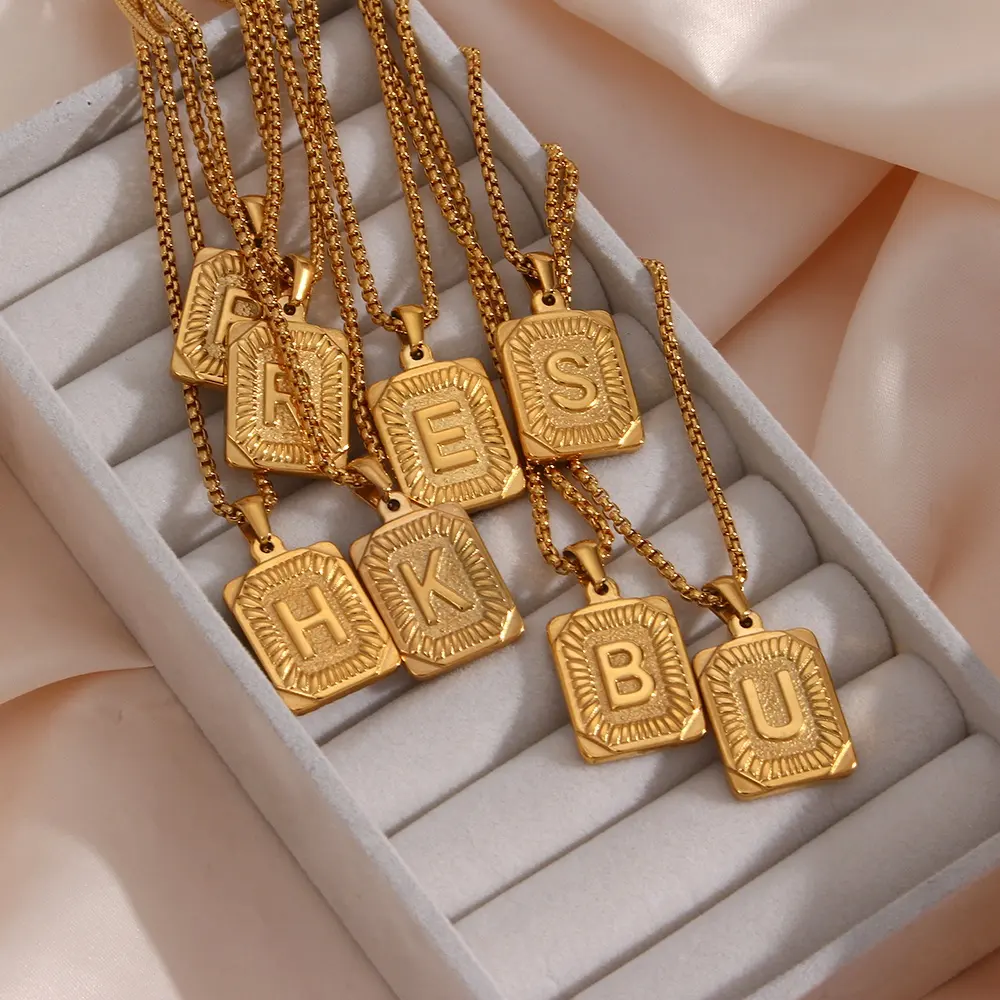 INS New Design Square Pendant Box Chain 316L Stainless Steel A-Z Alphabet Letter Initial Necklace