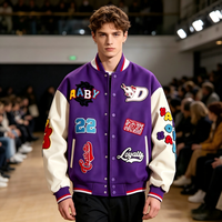 Veste universitaire pour homme, style vintage américain, motif à carreaux, grande taille, en similicuir, pour l'automne, avec plusieurs patchs, couleur violette