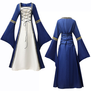 Vestido Medieval para Juego de Rol, Manga Larga, Línea A, Satén, Color en Contraste, Cuello Cuadrado, Cintura Ajustada, Disfraz para Fiesta - Product Image 1