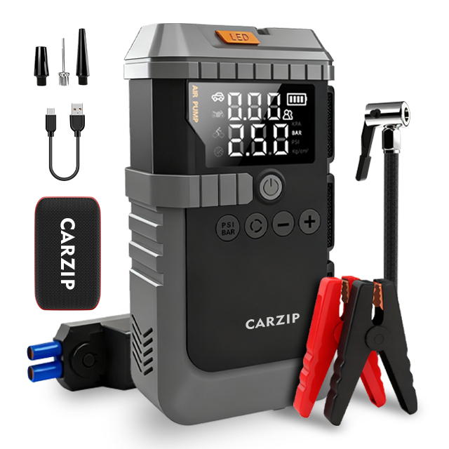 Portable 1200A Peak Current Lithium Car Jump Starter with Air Compressor Tire Inflator & Car Air Pump Emergency Tool Kit