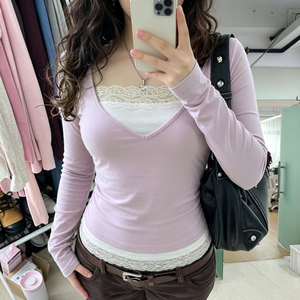 Contrast Lace Panel Knit Top, Long Sleeve Women's T <b>Shirt</b>, <b>Y2K</b> Retro Casual Fashion Top, Vintage Streetwear Style - Product Image 5