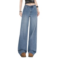 Celana Jeans Denim Kasual Wanita Berkualitas Tinggi, Serbaguna, Pinggang Tinggi, Warna Solid, Efek Water Wash, Kaki Lebar, Panjang hingga Mata Kaki