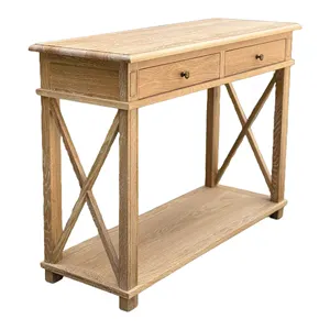 HL541-110 Antique Style Solid Oak Wood Console Table With Shelving And Drawers NightStand Cabinet For Bedroom