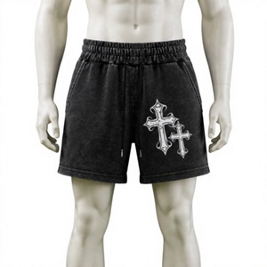 Shorts de survêtement Y2K Streetwear 2026 en coton molletonné épais, imprimé graphique croix, effet délavé, style vintage, pour hommes et femmes - Product Image 1