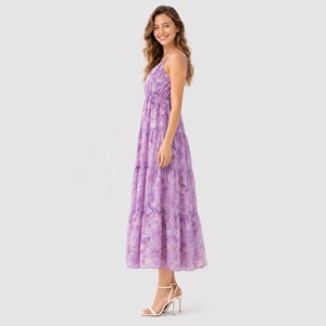 Elegante Abito <span class=keywords><strong>da</strong></span> Giardino Viola, Vestito Fluido a Strati in Viscosa, <span class=keywords><strong>Abbigliamento</strong></span> Floreale Femminile per Resort e Vacanze - Product Image 4