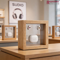 Support d'affichage pour écouteurs sans fil en bois de chêne naturel avec panneau arrière en acrylique brillant pour présentoir de magasin de téléphonie mobile