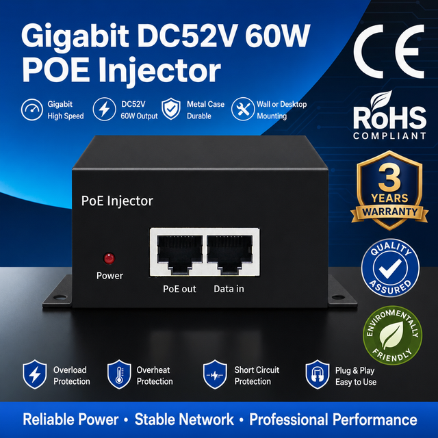 PoE Active Injector Single Port 60W 1000Mbps PoE++ IEEE802.3af/at/bt Standard 48V PoE Injector