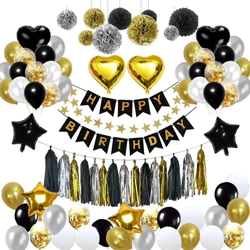 Verjaardagsfeestje Decoratie Kit Gelukkige Verjaardag Confetti Ballonnen Met Papier Pom Pom Zwart Goud Voor 18e 21e 30e 40e Verjaardag