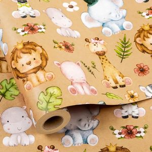 Kraft Baby Shower <b>Wrapping</b> <b>Paper</b> Jungle Animals Lion Giraffe Elephant 46.8 Square Feet Wood Pulp <b>Paper</b> - Product Image 1
