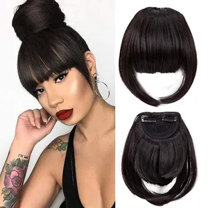 Clip in Bangs Synthetic Hair Flat Bangs Fake Fringe Hair Extensions Thick Full Bangs with Temples Clip on Hair Pieces for Women