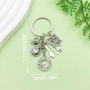 Porte-clés en alliage d'argent antique avec breloques hibou, horloge, théière, fourchette et cuillère, accessoire créatif portable pour bricolage, cadeau - Product Image 3