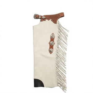 Pantalones de montar a caballo unisex de cuero crema personalizados, hasta la pantorrilla, con conchos plateados de yugo con diseño de tejido de cesta, equipo profesional de rodeo occidental - Product Image 1