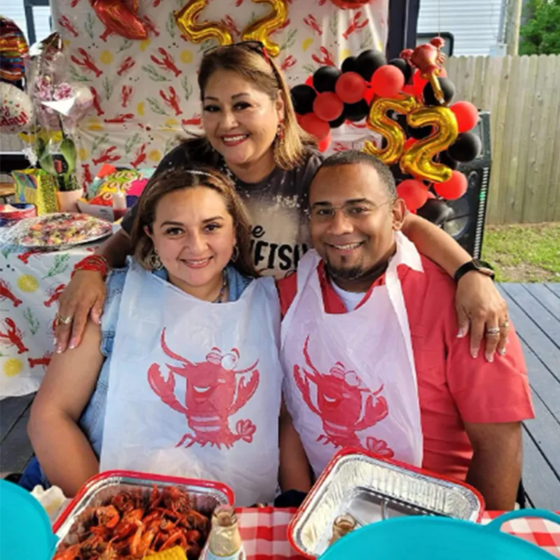 Celemek makan dewasa kepiting Lobster cetak kustom celemek makan makanan laut celemek restoran plastik sekali pakai untuk dewasa