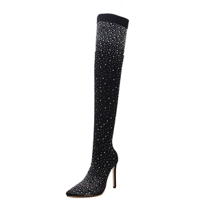 2025 Runway Fashion Hot Sale Women's Crystal Stretch Fabric Sock Boots Pointed Toe Knee-Heel Thigh High for Winter - Product Image 3
