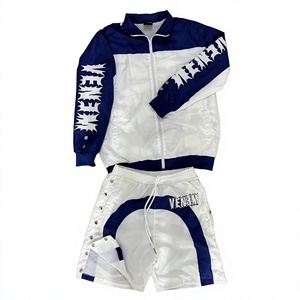 Conjunto Deportivo de Verano para Hombre, Blanco y Azul, Casual, de Alta Calidad, Tejido, con Chaqueta con Cierre y Cuello Redondo, Pantalones Cortos, Resistente al Viento - Product Image 1