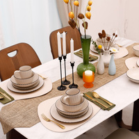 Service de table 16 pièces en grès cannelé, blanc crème avec rebord noir, assiettes, bols, tasses, compatible micro-ondes et lave-vaisselle, style ferme