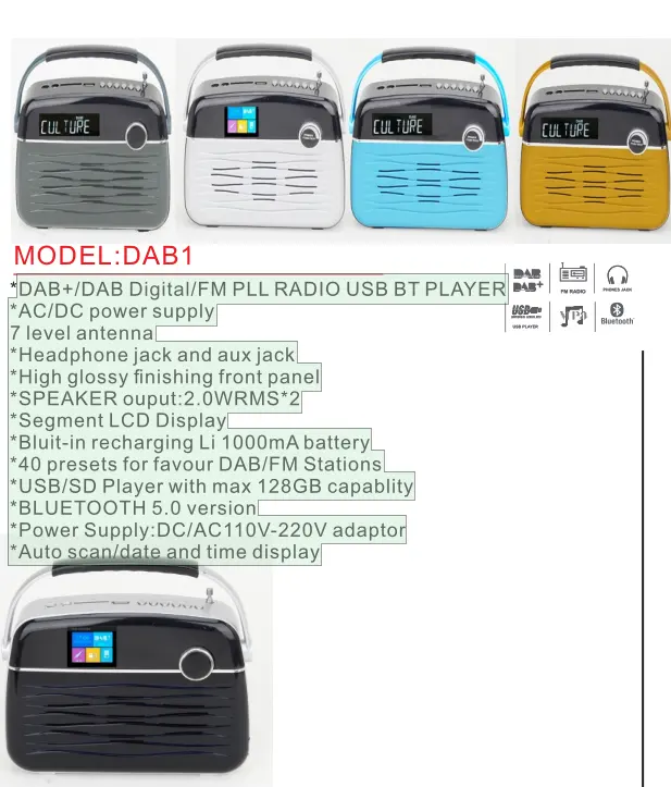 DAB1 DAB+/DAB Digital/FM PLL RADIO USB BT PLAYER