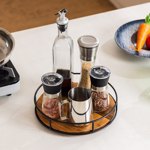 Plateau de rangement rotatif en bois d'acacia et fer forgé, rond, multifonctionnel, organisateur de cuisine sur pied, finition vernie - Product Image 3