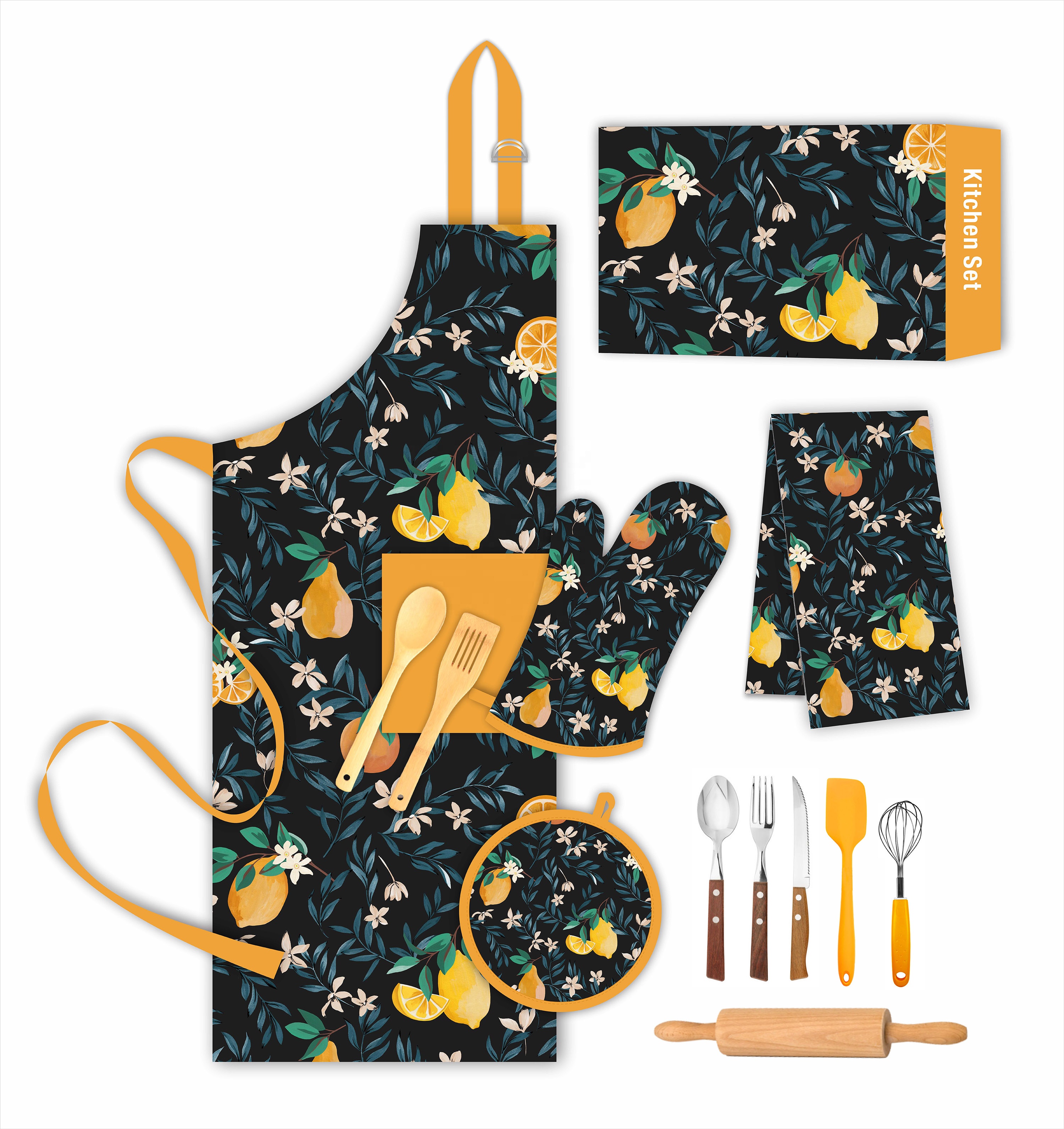 Ensemble de tabliers de cuisine en coton imprimé citron, résistant à la chaleur, gants de cuisine et torchon, ensemble cadeau pour Chef